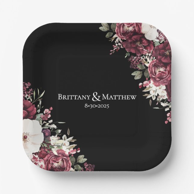 Elegant Burgundy Floral Black Wedding  Paper Plates (Front)
