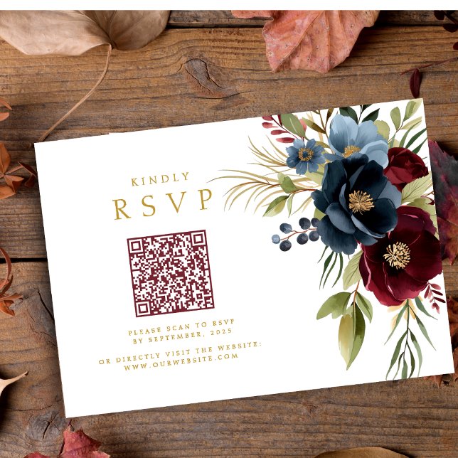 Elegant Burgundy Floral Bloom QR code wedding RSVP Card (Creator Uploaded)