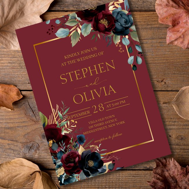 Elegant Burgundy Floral Blooms & Greenery wedding Invitation (Creator Uploaded)