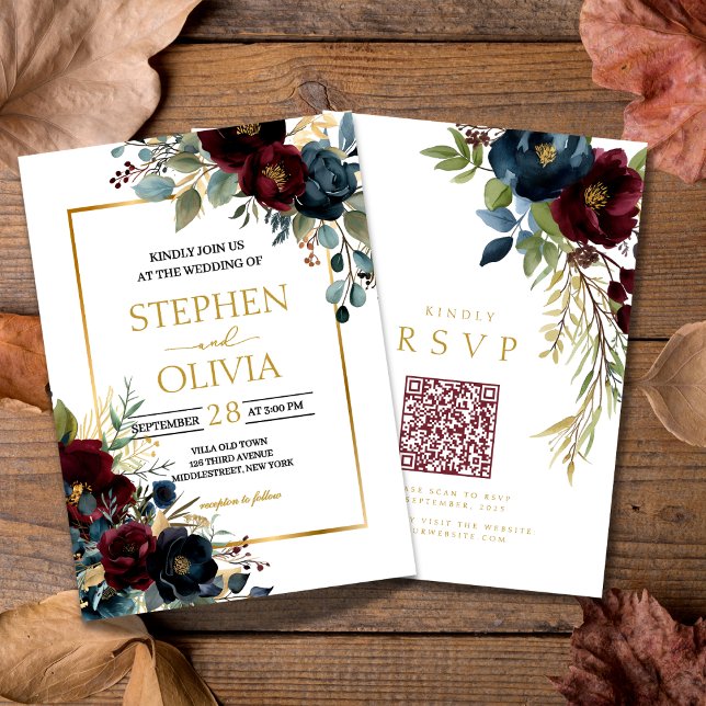 Elegant Burgundy Floral Blooms wedding QR RSVP Invitation (Creator Uploaded)