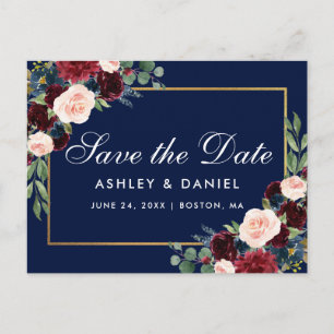 Elegant Burgundy Floral Blue Save The Date Announcement Postcard