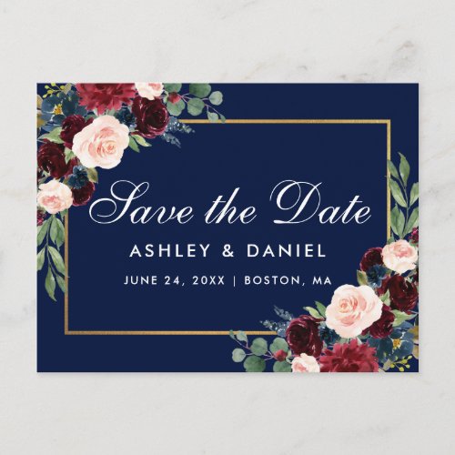 Elegant Burgundy Floral Blue Save The Date Announcement Postcard