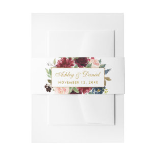 Elegant Burgundy Floral Blue Wedding Gold Invitation Belly Band