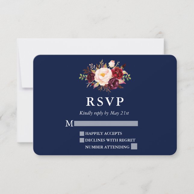 Elegant Burgundy Floral Blue Wedding RSVP Card (Front)