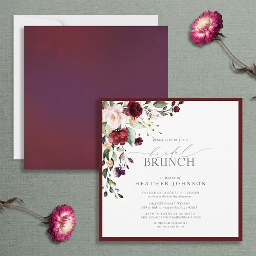 Elegant Burgundy Floral Botanical Bridal Brunch Invitation
