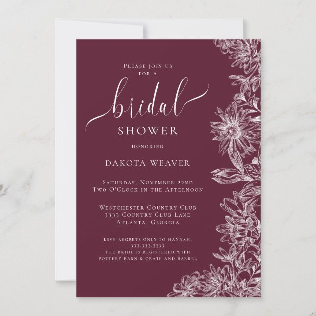 Elegant Burgundy Floral Botanicals Bridal Shower Invitation (Front)