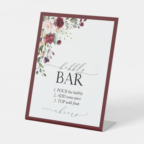 Elegant Burgundy Floral Bridal Shower Bubbly Bar Pedestal Sign