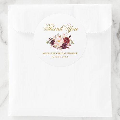 Elegant Burgundy Floral Bridal Shower Gold Classic Round Sticker
