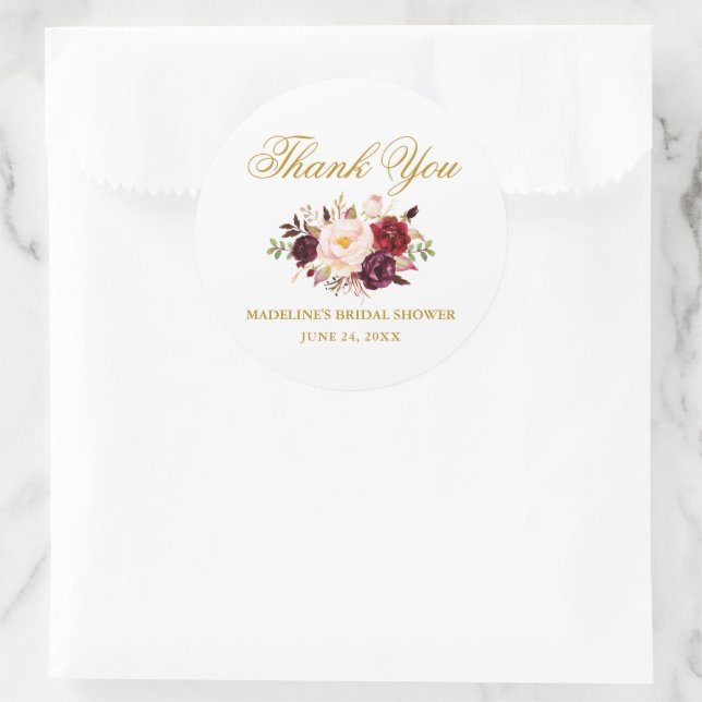 Elegant Burgundy Floral Bridal Shower Gold Classic Round Sticker (Bag)
