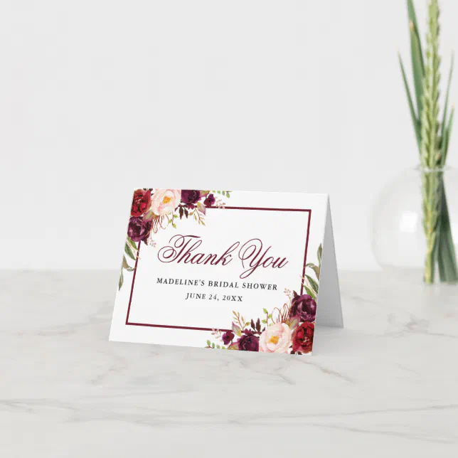 Elegant Burgundy Floral Bridal Shower Note Thank You Card | Zazzle