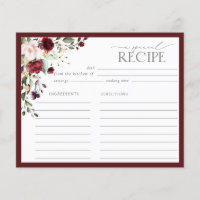 Elegant Burgundy Floral Bridal Shower Recipe Card