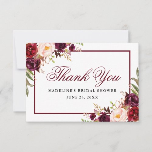 Elegant Burgundy Floral Bridal Shower Thank You Card