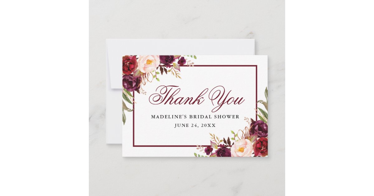Elegant Burgundy Floral Bridal Shower Thank You Card | Zazzle