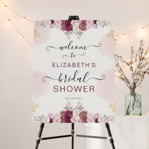 Elegant Burgundy Floral Bridal Shower Welcome Foam Board