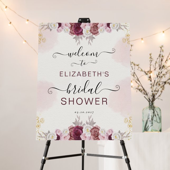 Elegant Burgundy Floral Bridal Shower Welcome Foam Board (In Situ (Stand))