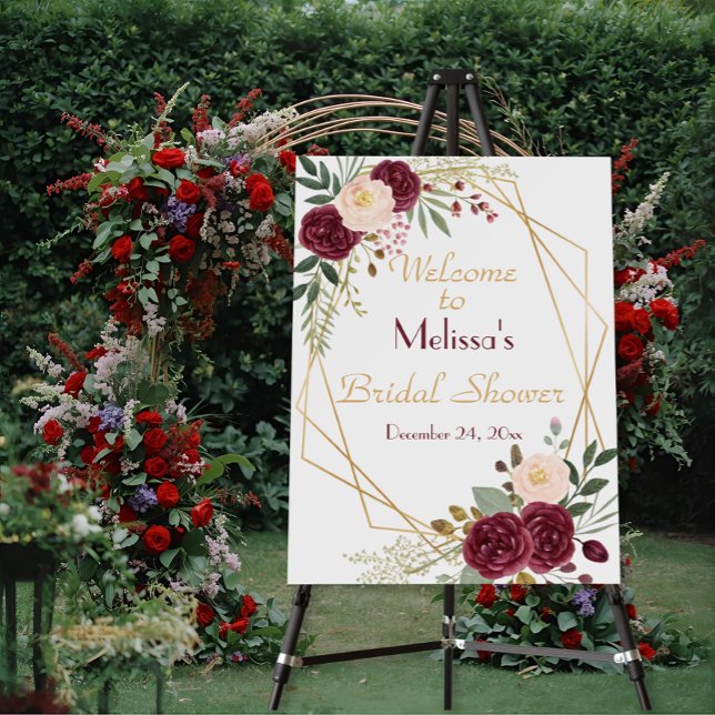Elegant Burgundy Floral Bridal Shower Welcome  Foam Board (Creator Uploaded)