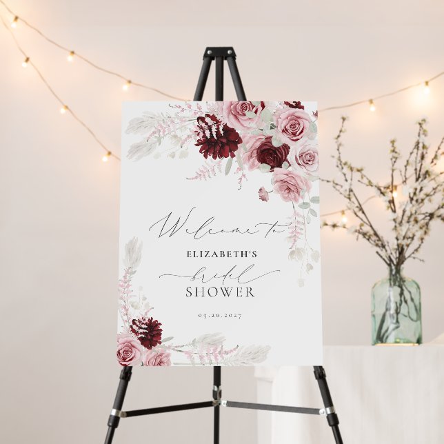 Elegant Burgundy Floral Bridal Shower Welcome Foam Board (In Situ (Stand))