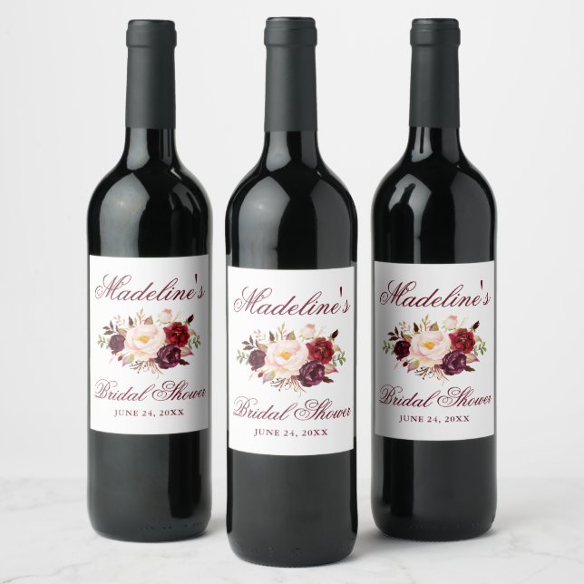 Elegant Burgundy Floral Bridal Shower Wine Label (Bottles)