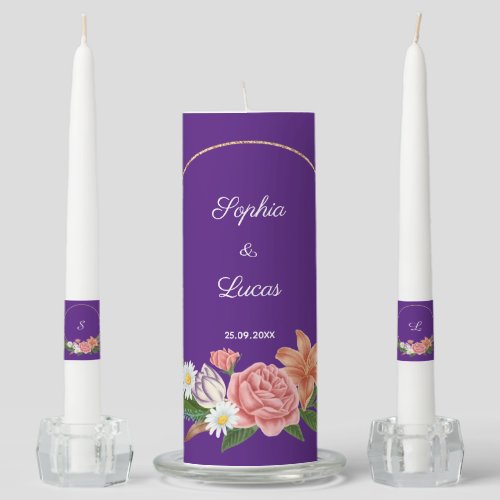 Elegant Burgundy Floral Bride  Groom Monogram Uni Unity Candle Set