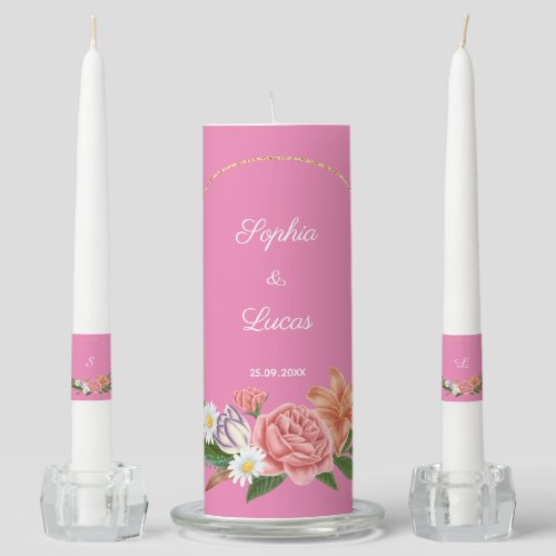 Elegant Burgundy Floral Bride  Groom Monogram Uni Unity Candle Set