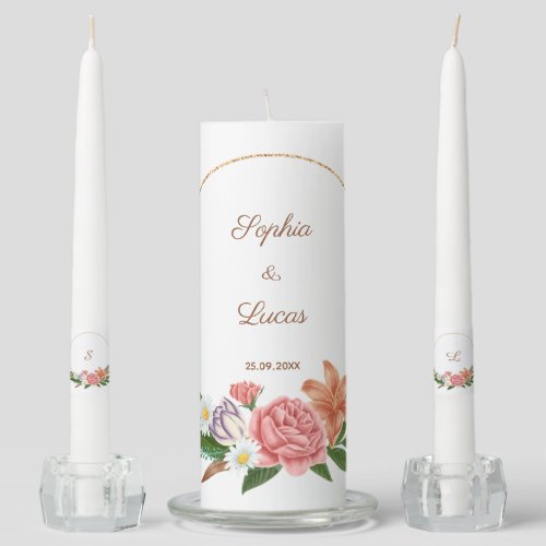 Elegant Burgundy Floral Bride  Groom Monogram Uni Unity Candle Set