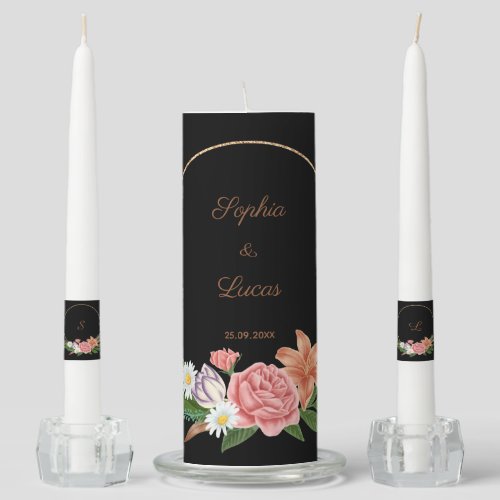 Elegant Burgundy Floral Bride  Groom Monogram Uni Unity Candle Set