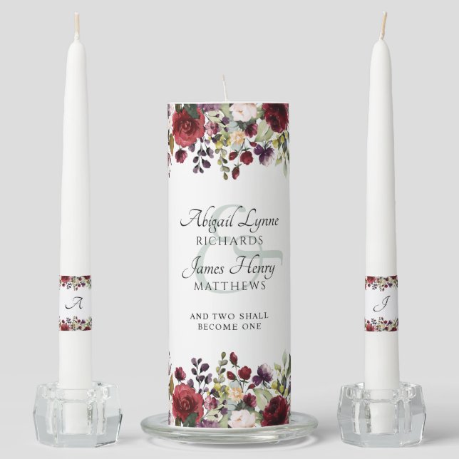 Elegant Burgundy Floral Bride & Groom Monogram Uni Unity Candle Set (Front)