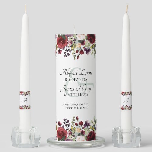 Elegant Burgundy Floral Bride  Groom Monogram Unity Candle Set