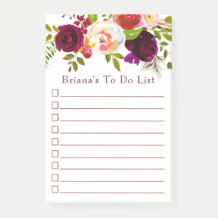 Elegant Burgundy Floral Bride To Do List Post-it Notes
