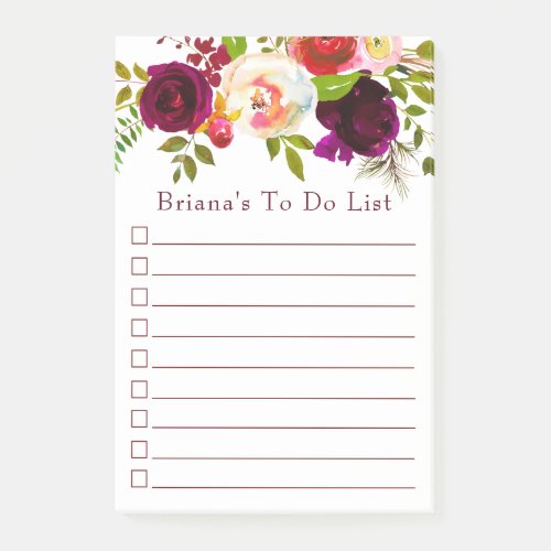 Elegant Burgundy Floral Bride To Do List Post_it Notes