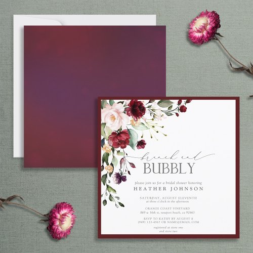 Elegant Burgundy Floral Brunch  Bubbly Shower Invitation