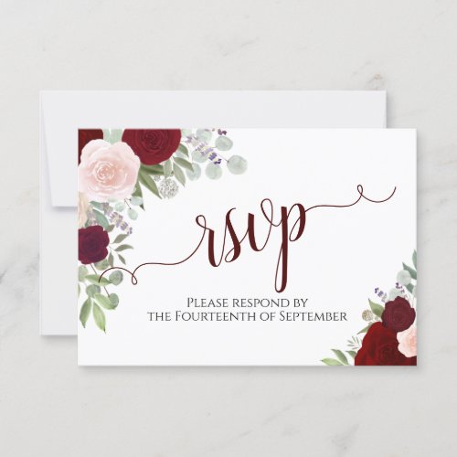 Elegant Burgundy Floral Calligraphy Wedding RSVP Card