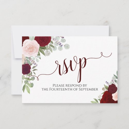 Elegant Burgundy Floral Calligraphy Wedding RSVP Card