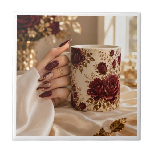 Elegant Burgundy Floral Ceramic Decorative Tile
