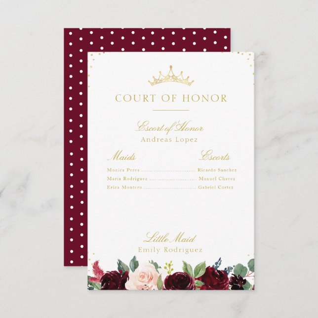 Elegant burgundy floral court of honor card (Front/Back)