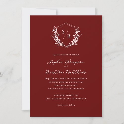 Elegant Burgundy Floral Crest Monogram Wedding Invitation
