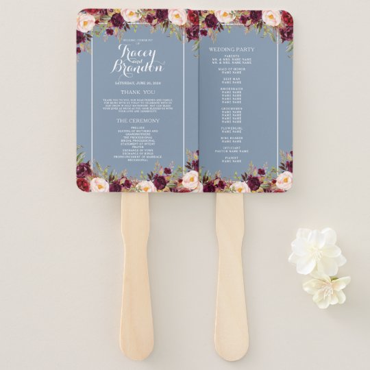 Elegant Burgundy Floral Dusty Blue Wedding Program Hand Fan