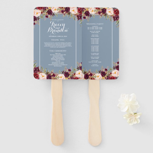 Elegant Burgundy Floral Dusty Blue Wedding Program Hand Fan (Front and Back)