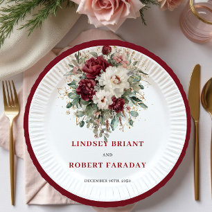 Elegant Burgundy Floral Eucalyptus Gold Paper Plates