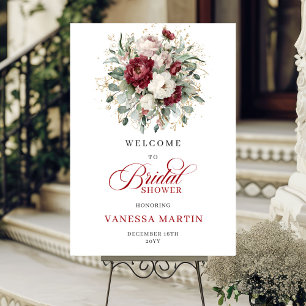 Elegant Burgundy Floral Eucalyptus Gold Welcome  Poster