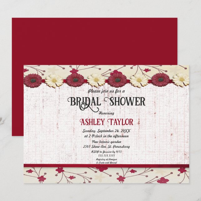 Elegant Burgundy Floral Frame Summer Bridal Shower Invitation (Front/Back)