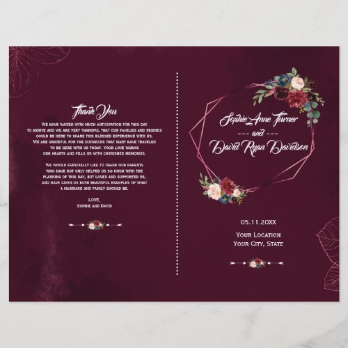 Elegant Burgundy Floral Geometric Wedding  Program