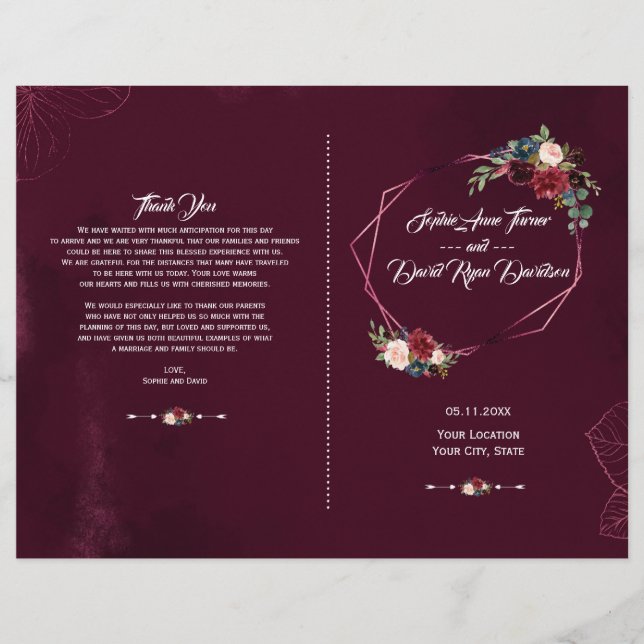 Elegant Burgundy Floral Geometric Wedding  Program (Front)