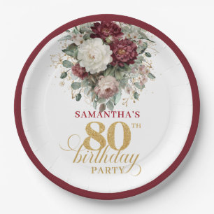 Elegant Burgundy Floral Gold 80th Birthday Paper  Plates