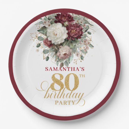 Elegant Burgundy Floral Gold 80th Birthday Paper  Plates
