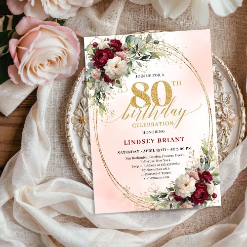 Elegant Burgundy Floral Gold 80th Birthday Party 
