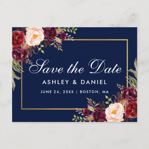 Elegant Burgundy Floral Gold Blue Save The Date Announcement Postcard