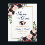 Elegant Burgundy Floral Gold Blue Save the Date Announcement Postcard<br><div class="desc">Modern Elegant,  Watercolor Burgundy Marsala Blue Floral,  Gold Save The Date Engagement Postcard</div>