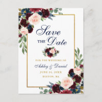 Elegant Burgundy Floral Gold Blue Save the Date
