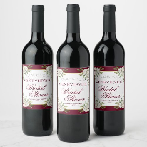 Elegant Burgundy Floral Gold Bridal Shower Favor Wine Label